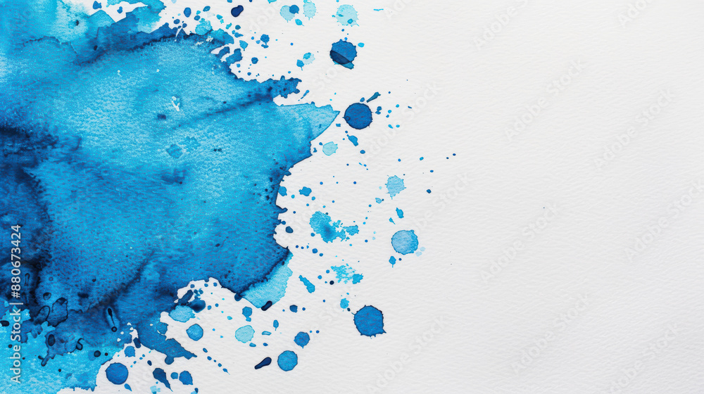 Poster abstract blue ink splatter on white paper background. vibrant watercolor splash creating a dynamic a