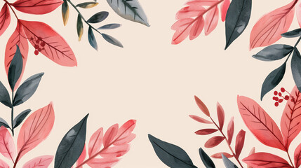 Beautiful watercolor floral frame with red and green leaves on a light background. Ideal for invitations, greeting cards, and seasonal designs.