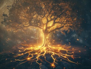 mystical tree of life intricate root system glowing with ethereal energy cosmic background sacred geometry elements spiritual symbolism fantasy art style