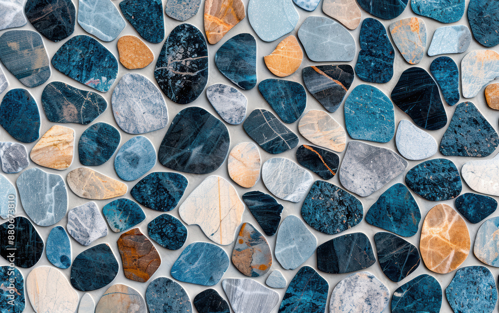 Poster abstract background of colorful blue and orange natural stones arranged in a mosaic pattern, creatin