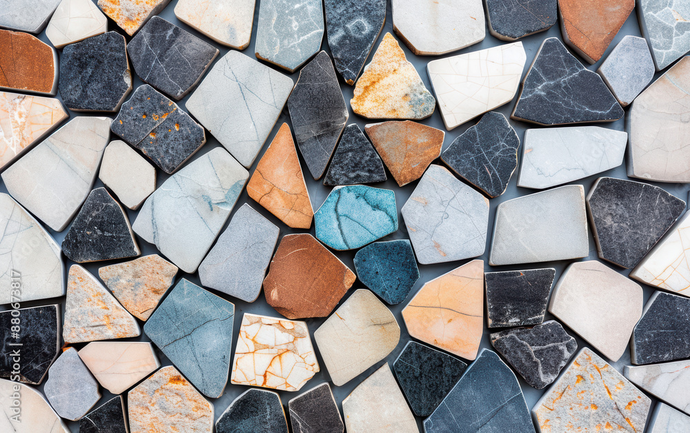 Poster a pattern featuring an array of colorful, irregular-shaped stones. perfect for backgrounds, design e