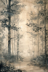 A painting of trees in a foggy forest