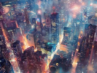 Fototapeta premium new years eve cityscape aerial view of fireworks illuminating a bustling metropolis crowds on rooftops champagne toasts dazzling light trails