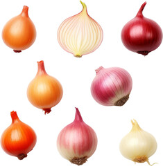 Assorted whole and sliced onions in vibrant red, white, and yellow colors arranged on a white background. Ideal for culinary or cooking themes.
