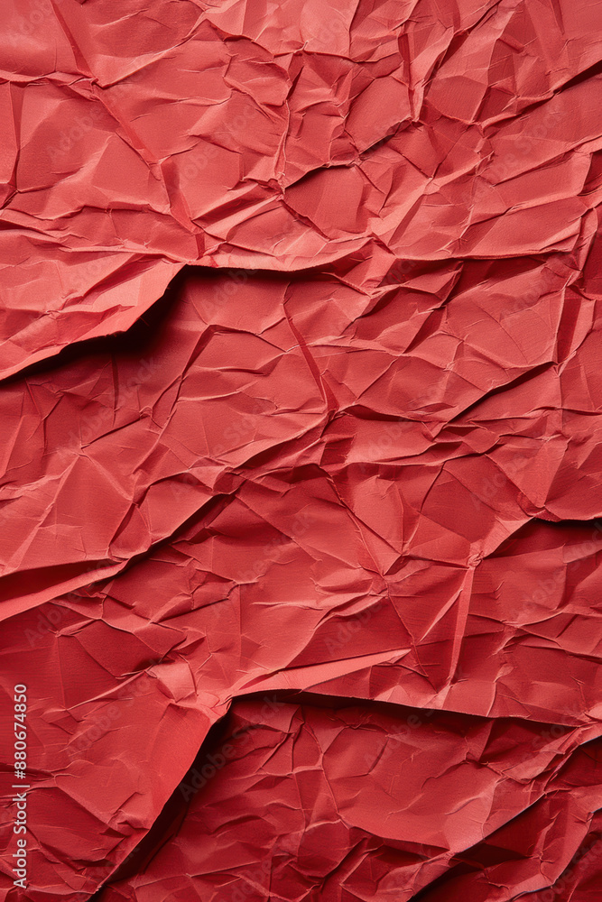Poster a close-up view of beautifully crumpled red paper, showcasing intricate texture and patterns, perfec