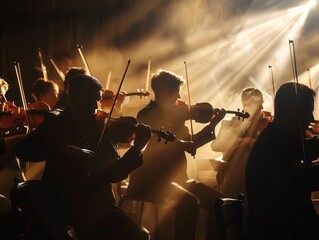 Fototapeta premium orchestral drama symphony musicians performing in atmospheric chiaroscuro lighting capturing the intensity of live classical music
