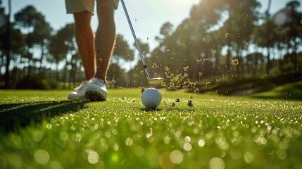 Golf Swing, A golf club striking the ball, showing the precise moment of contact and the power of the swing