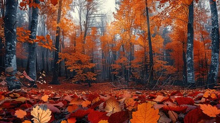 A panoramic view of a dense forest in autumn, with leaves in vibrant shades of red, orange, and yellow. Generative AI.