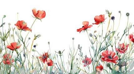 Obraz premium Watercolor tall grass and red poppys on a white background