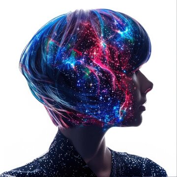 recommend clip art: Woman with Cosmic Pixie Cut Wig for Space Explorer Costume on White Background