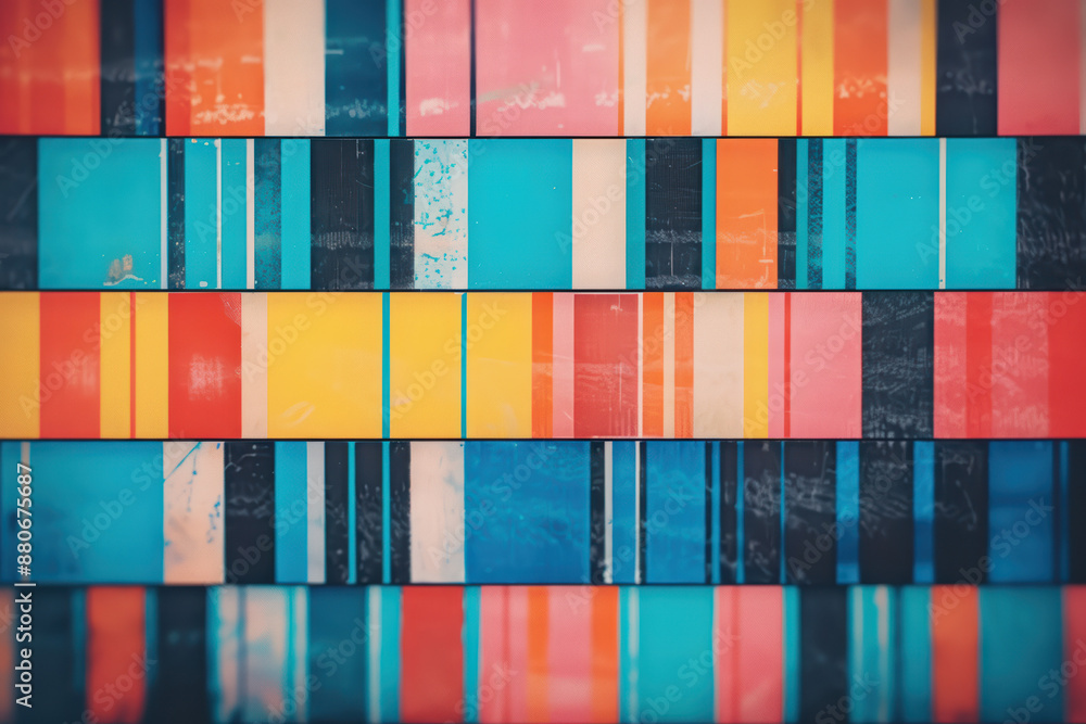 Poster bright abstract geometric pattern with colorful rectangles and lines creating a vibrant and modern d