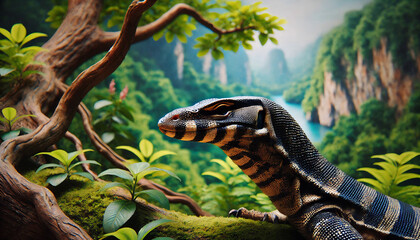 Naklejka premium A lizard rests on a mossy branch in a dense jungle, surrounded by lush greenery and twisted tree branches. 