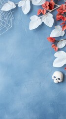Dark gray background with Halloween decorations with skull, red flower branches, cobweb, spider and paper cut love, halloween decoration concept