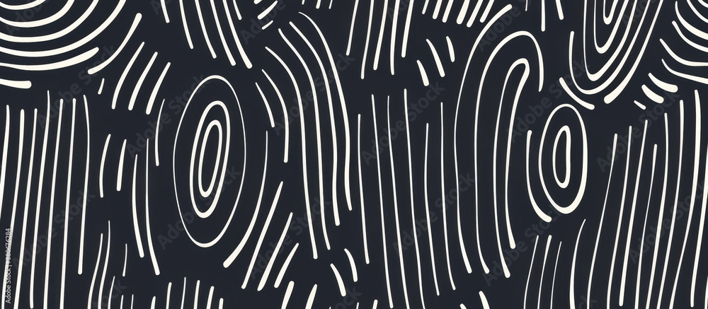 Poster abstract black and white graphic pattern with curved lines and oval shapes, creating a dynamic and m