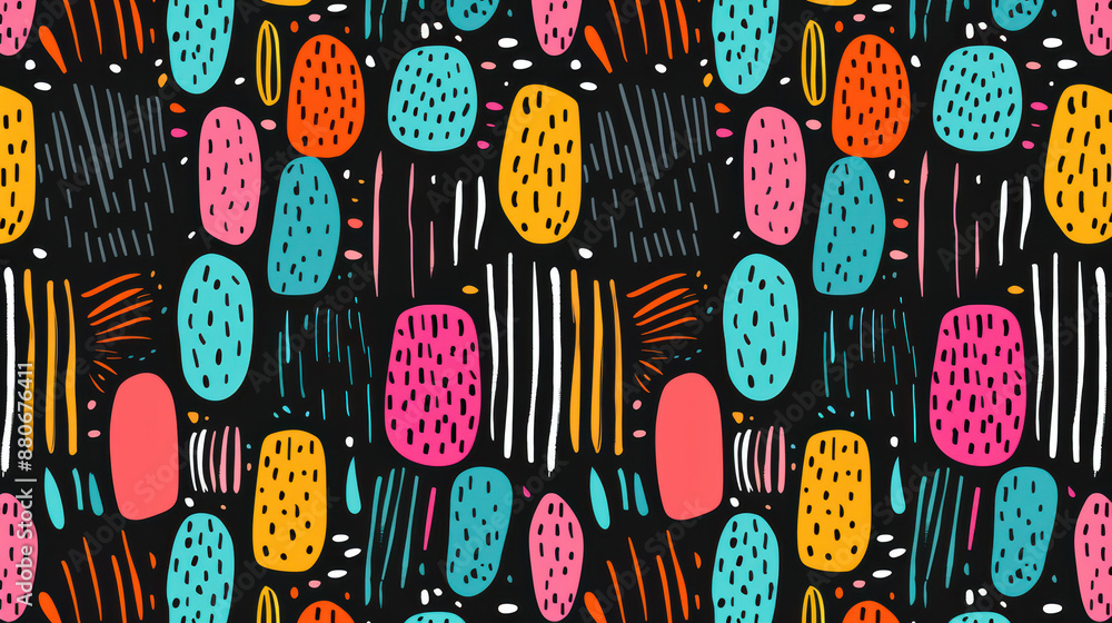 Poster vibrant abstract pattern with colorful shapes and stripes on a dark background, perfect for modern a