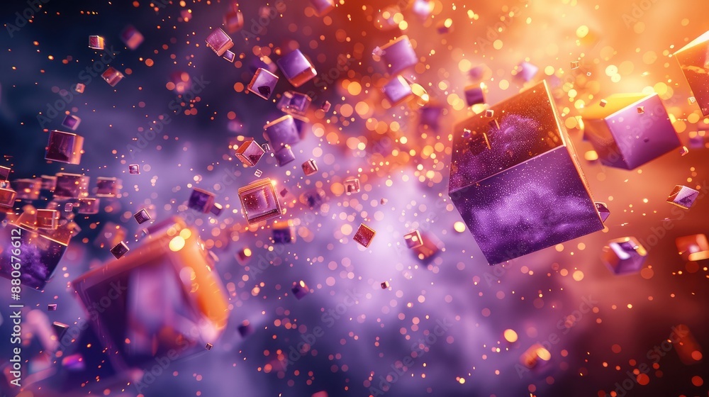 Poster abstract 3d shapes in purples and oranges flying through space. generative ai.