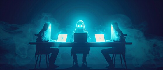 Eerie online meeting with ghostly participants, digital distortions and unsettling vibes, Techhorror, Illustration, Surreal and creepy
