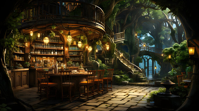 A cozy tavern nestled in the roots of a giant tree, glowing with warm light, filled with bottles of exotic drinks. A magical and welcoming atmosphere.