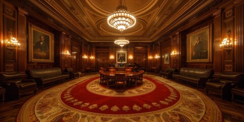 Obraz premium Luxurious grand interior of a historical meeting room with ornate chandeliers, vintage furniture, detailed wood paneling, and large portraits