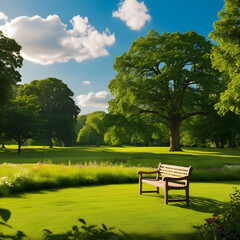 A lone park bench on a sunny day with a beautiful sky and clouds.