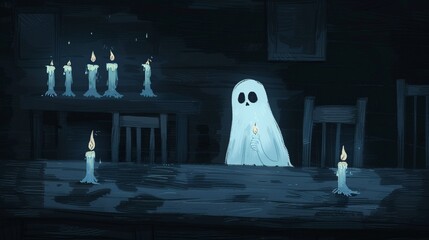 Interactive virtual seance with ghostly apparitions and flickering candles, dark tones, Digital horror, Sketch, Engaging and chilling