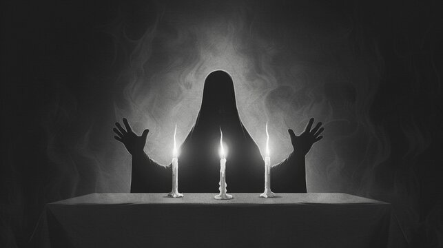 Interactive virtual seance with ghostly apparitions and flickering candles, dark tones, Digital horror, Sketch, Engaging and chilling