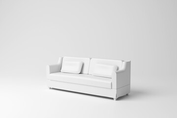 White sofa on white background in monochrome and minimalism. Illustration of the concept of furniture, reception rooms and relaxation