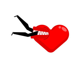 Heart devours man. Love with its mouth ate a man. Concept of evil love, predatory