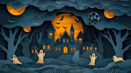 A Halloween scene with a castle and ghosts
