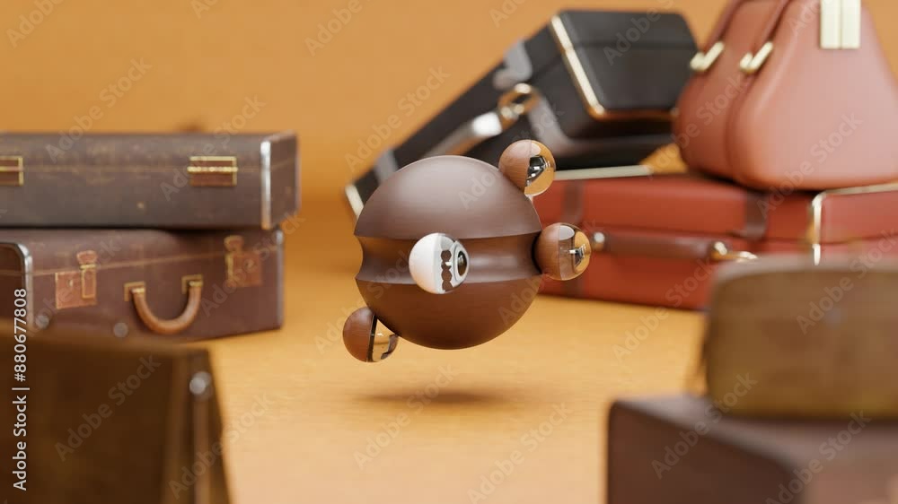Poster 3d rendering of small marble balls rolling on wooden sphere in loop