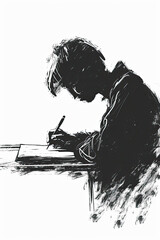 A black and white sketch of a writer