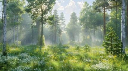 Obraz premium Sunbeams Through the Forest