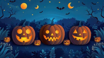 A group of pumpkins with their mouths open and eyes wide, with a dark background