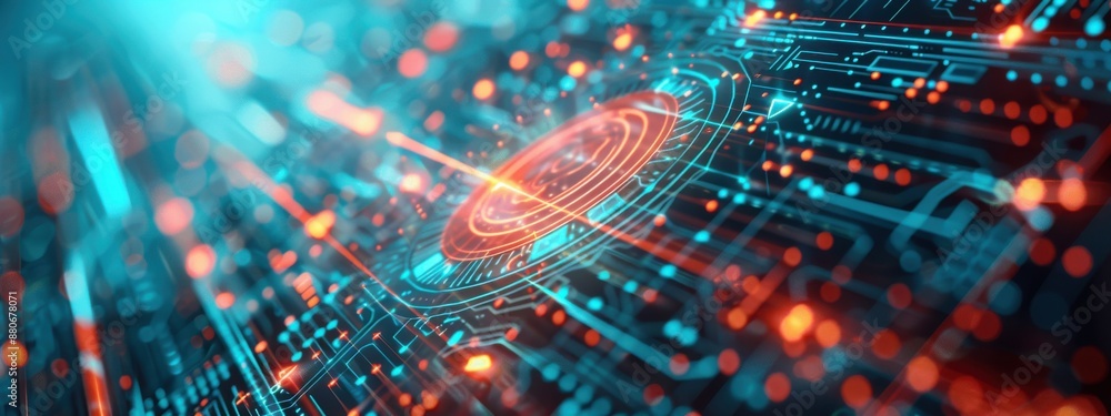 Poster end-to-end encryption, neon holograms, secure communication, futuristic interface