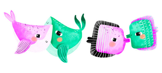 Composition with sea fish. Undersea world. A couple of whales and fish in love. Happy Valentine's Day card, poster. Hand drawn illustration