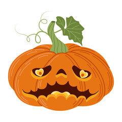 Halloween pumpkin head. Cute and scary halloween pumpkin monster. Holidays cartoon character Hand drawn flat style isolated icon for poster, banner, greeting card. Jack o lantern Vector illustration