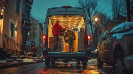 Obraz premium Two people loading packages into a van at night