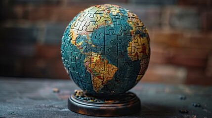 A globe designed to look like a puzzle, with pieces fitting together to form the continents.