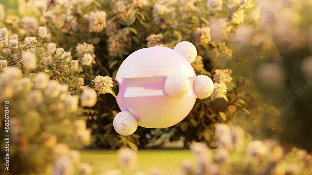 Poster 3d rendering of small marble balls rolling on smooth sphere near plants in loop