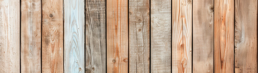 Wooden planks with various textures and colors aligned vertically, creating a rustic and natural background pattern for use in design projects.