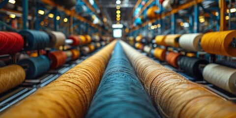 Obraz premium A densely packed textile factory conveyor belt showcasing rows of colorful yarn spools organized meticulously for efficient fabric production