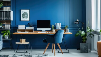 Tranquil Blue Home Office with Inspirational Quotes for Mental Wellness