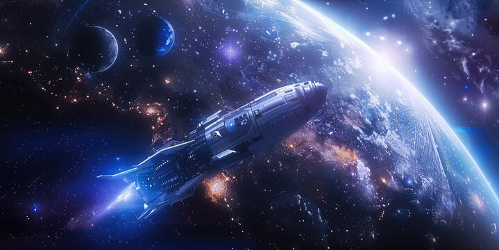 Beautiful space scenery, small white spaceship shuttle in the space and small blue and purple planet background, the planet takes smaller place then space scenery in background. Generative AI.