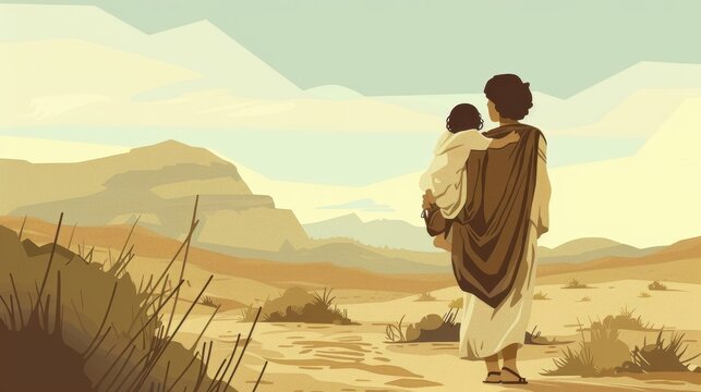 Genesis : Hagar and Ishmael , Biblical Illustration of Hagar Carrying Ishmael Through the Desert, Genesis, Beige Background, Copyspace