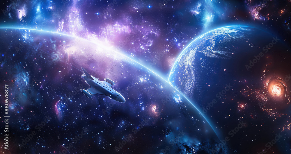 Aufkleber beautiful space scenery, small white spaceship shuttle in the space and small blue and purple planet