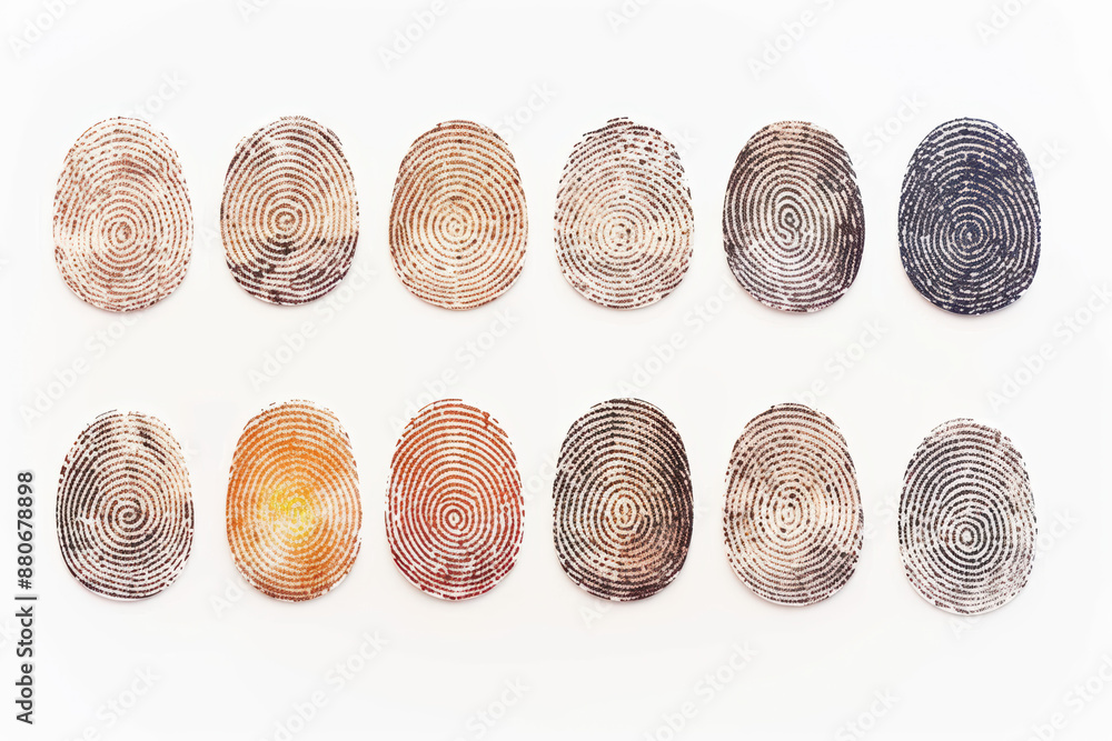 Poster colorful fingerprint patterns in various shades lined up in neat rows on a white background. unique 