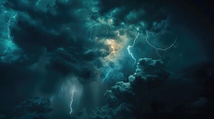 Fototapeta premium A cloudy sky filled with lightning bolts