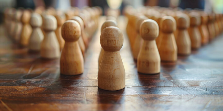 Close-up of numerous wooden pawns neatly arranged in rows on a wooden table, representing organization and strategy.