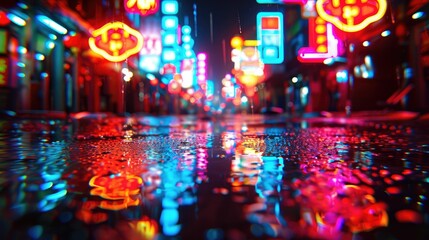 Fototapeta premium Neon Lights Reflecting on Wet Pavement