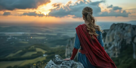 A serene moment captured as a woman in a superhero costume stands on a rocky cliff, gazing out at a stunning sunset over a vast landscape of mountains and valleys